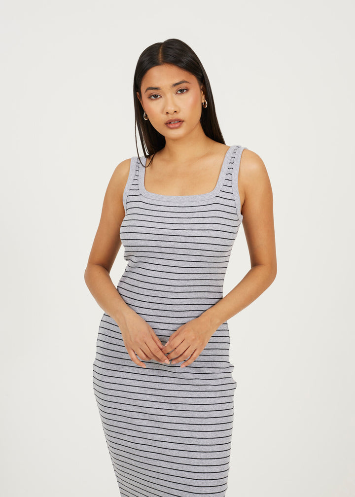 SCOOP NECK STRIPE MIDI BODYCON DRESS, GREY/BLACK