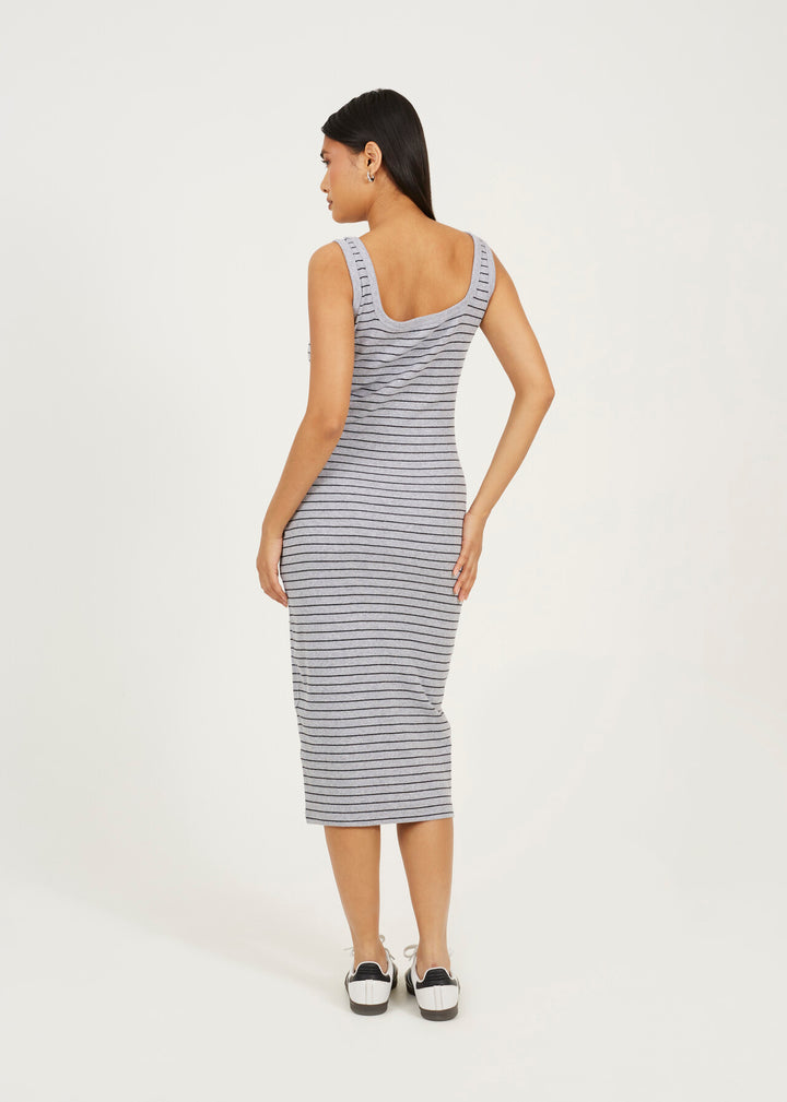 SCOOP NECK STRIPE MIDI BODYCON DRESS, GREY/BLACK