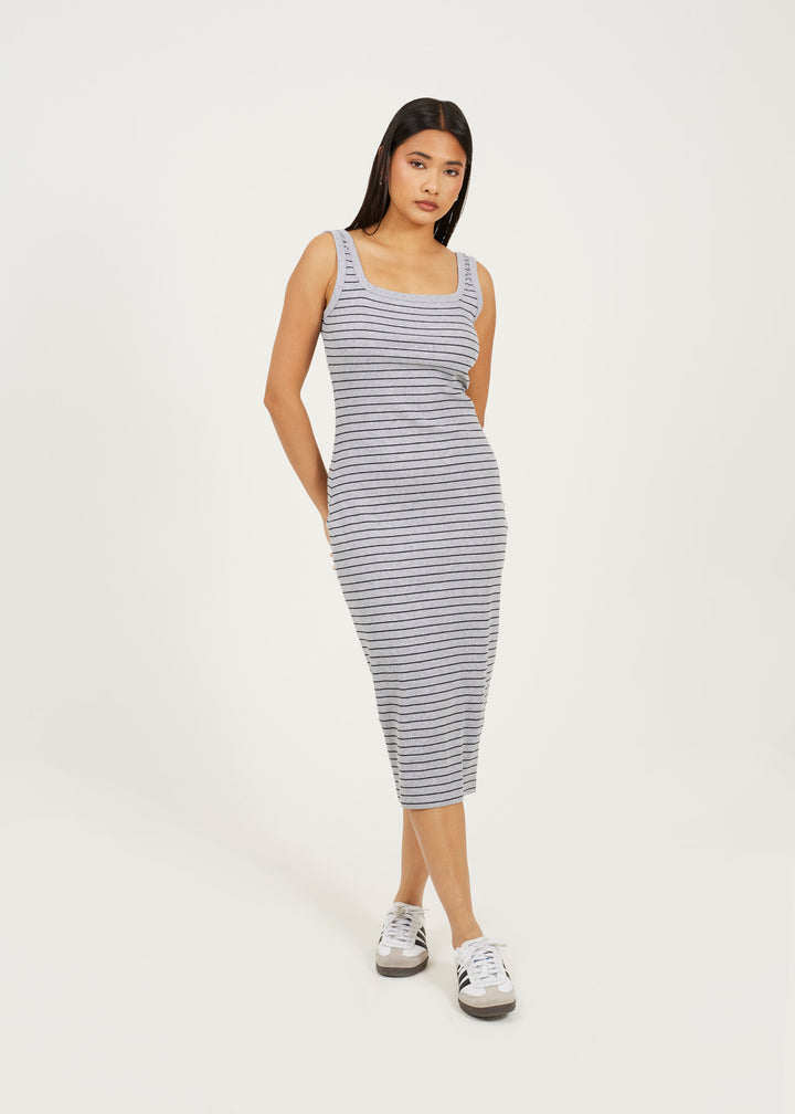 SCOOP NECK STRIPE MIDI BODYCON DRESS, GREY/BLACK