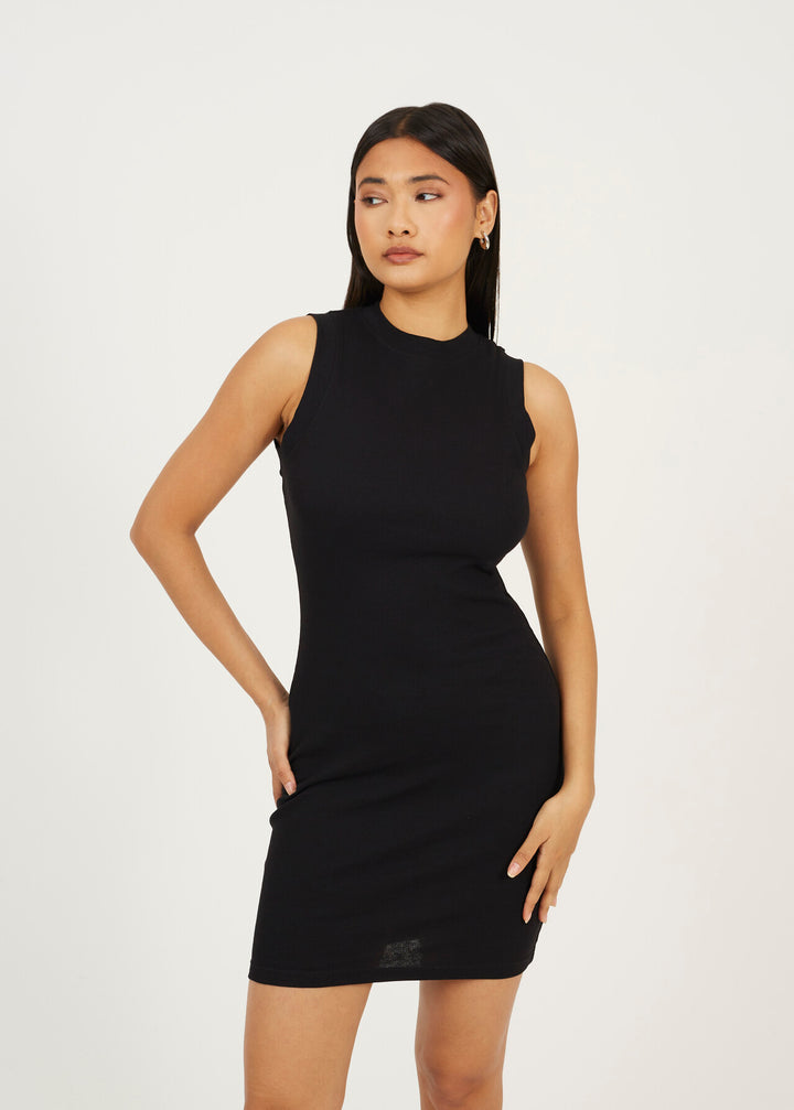 CREW NECK SLEEVELESS JERSEY MINI DRESS, BLACK
