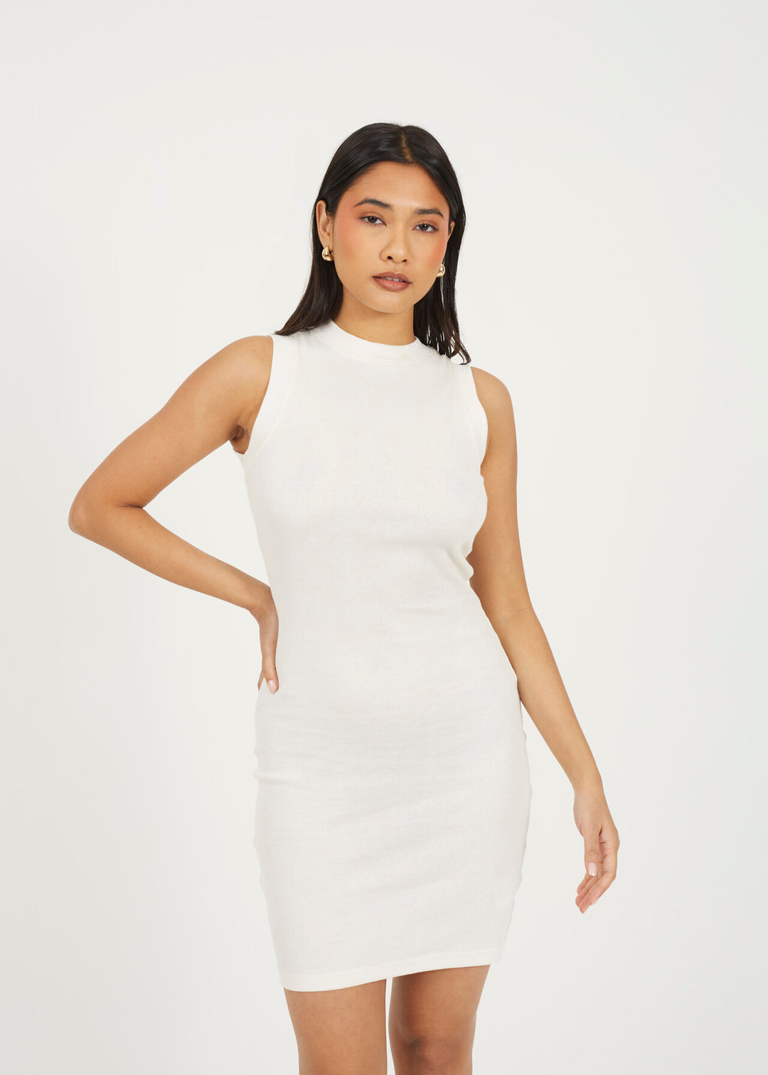 CREW NECK SLEEVELESS JERSEY MINI DRESS, CREAM