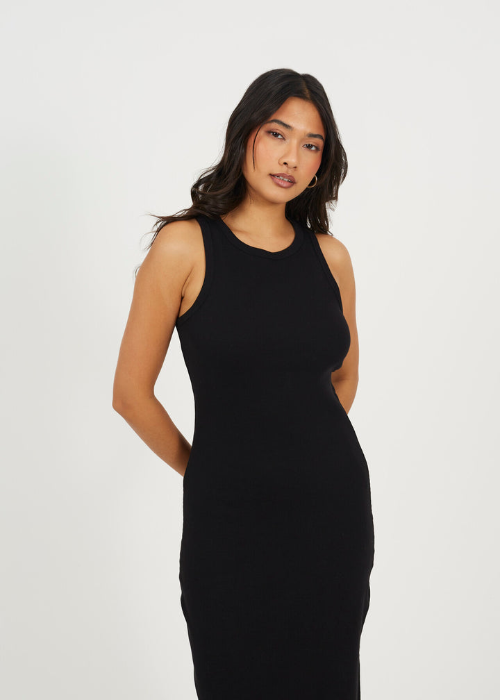 CREW NECK  MIDI BODYCON DRESS WITH SLIT DETAIL, BLACK