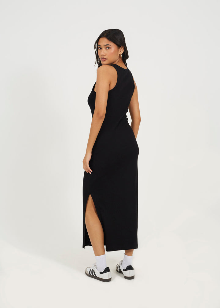 CREW NECK  MIDI BODYCON DRESS WITH SLIT DETAIL, BLACK