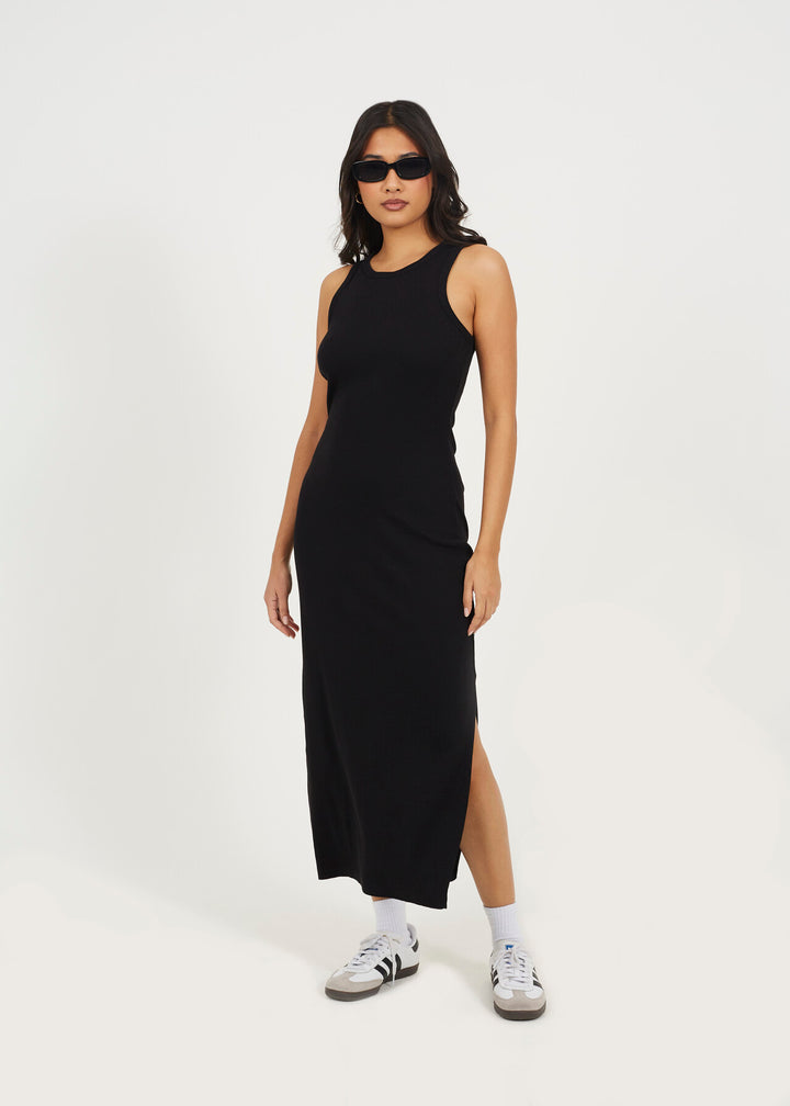 CREW NECK  MIDI BODYCON DRESS WITH SLIT DETAIL, BLACK