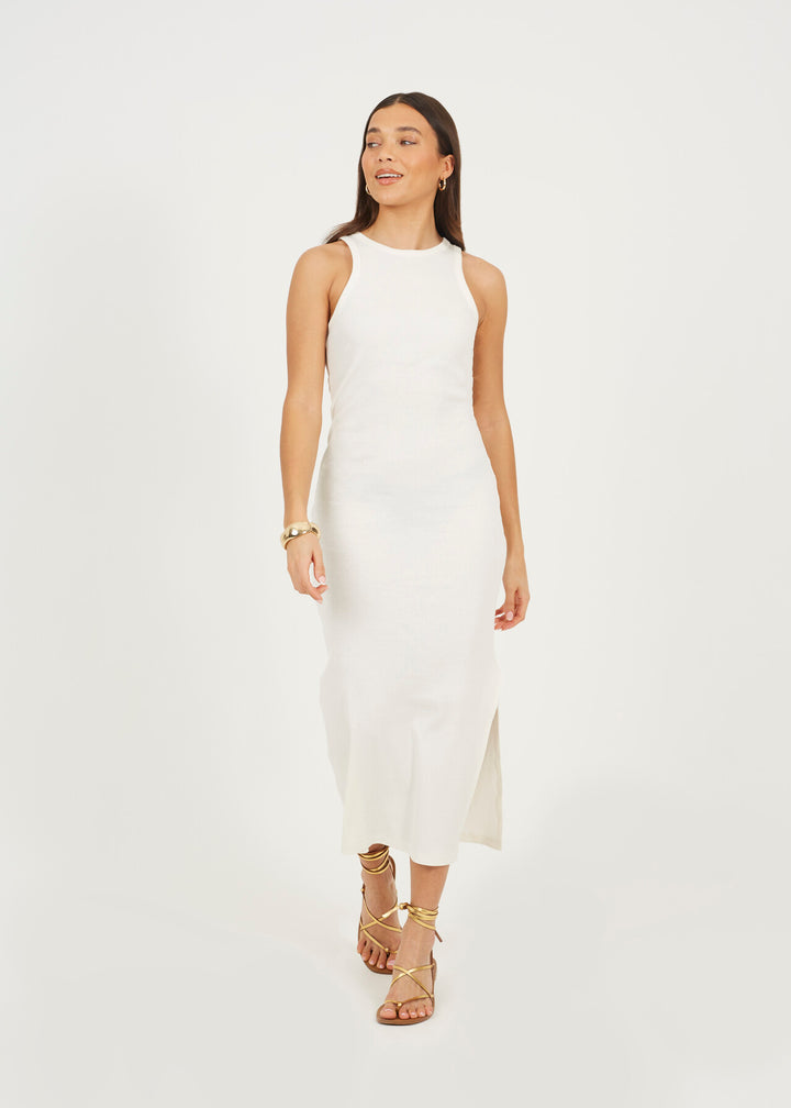 CREW NECK  MIDI BODYCON DRESS WITH SLIT DETAIL, CREAM