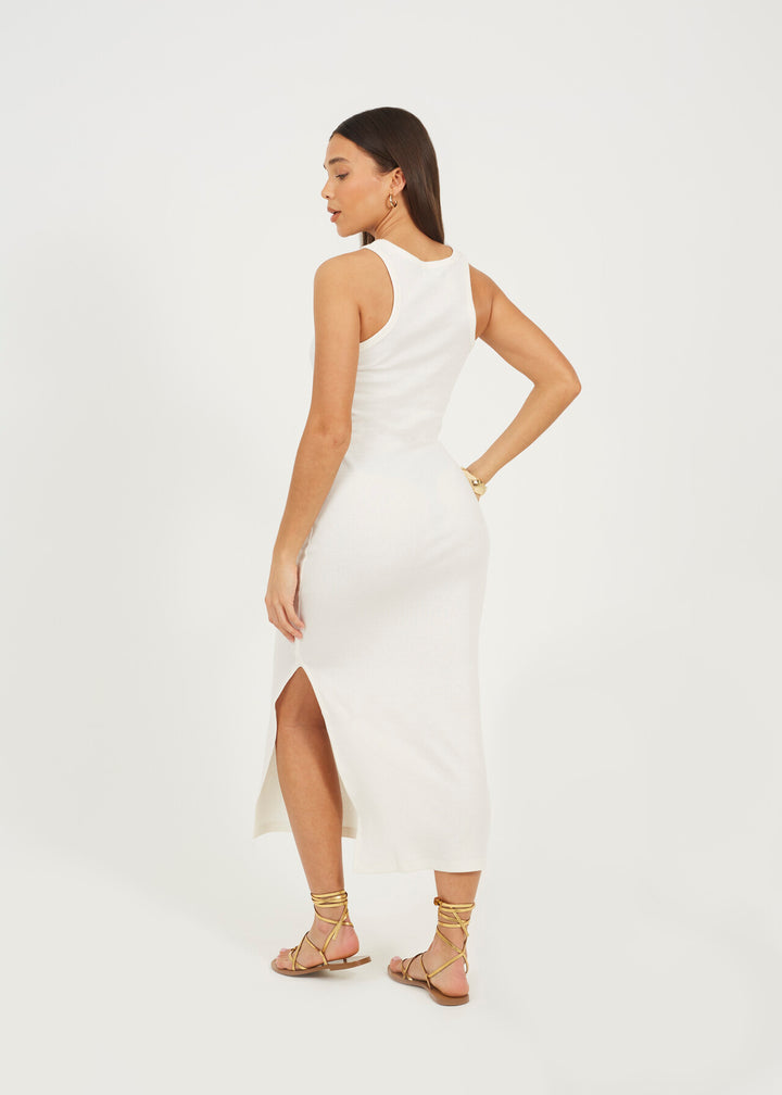 CREW NECK  MIDI BODYCON DRESS WITH SLIT DETAIL, CREAM
