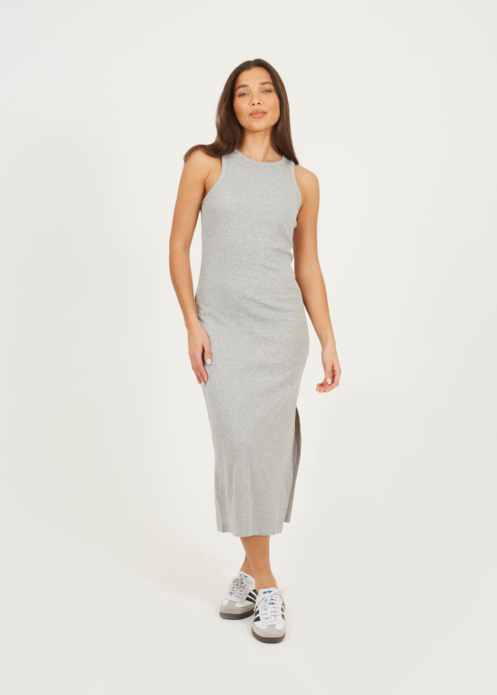 CREW NECK  MIDI BODYCON DRESS WITH SLIT DETAIL, GREY