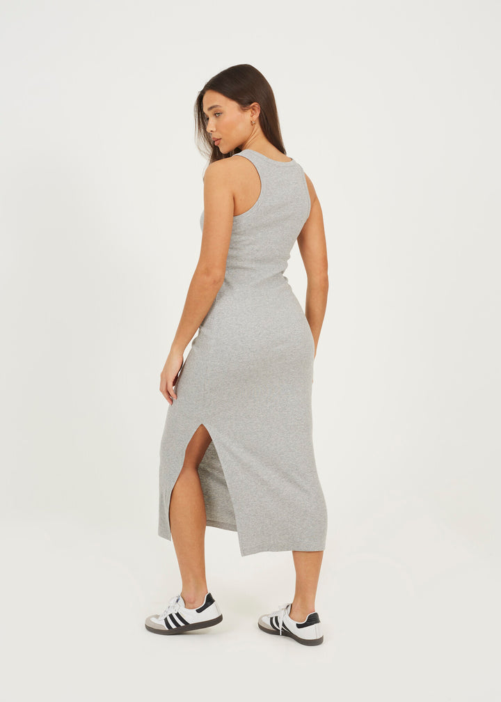 CREW NECK  MIDI BODYCON DRESS WITH SLIT DETAIL, GREY
