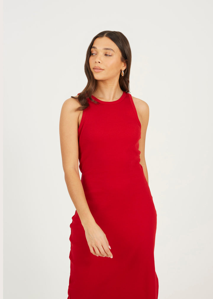 CREW NECK MIDI BODYCON DRESS WITH SLIT DETAIL, RED