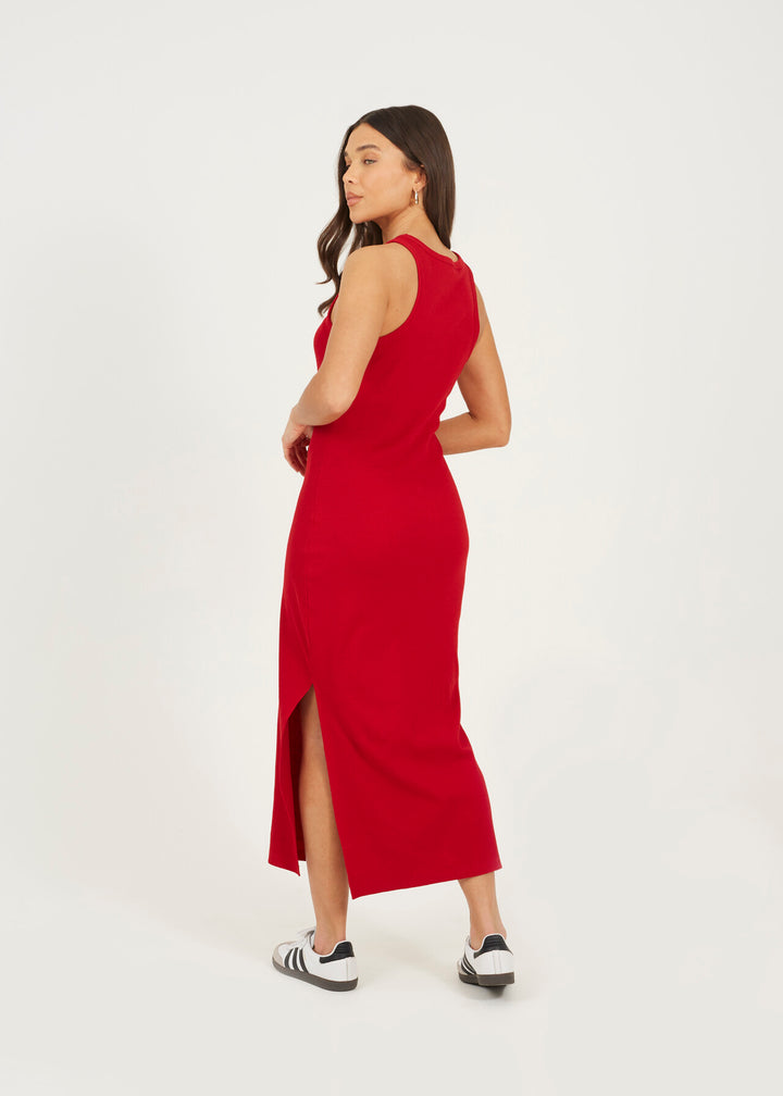 CREW NECK MIDI BODYCON DRESS WITH SLIT DETAIL, RED