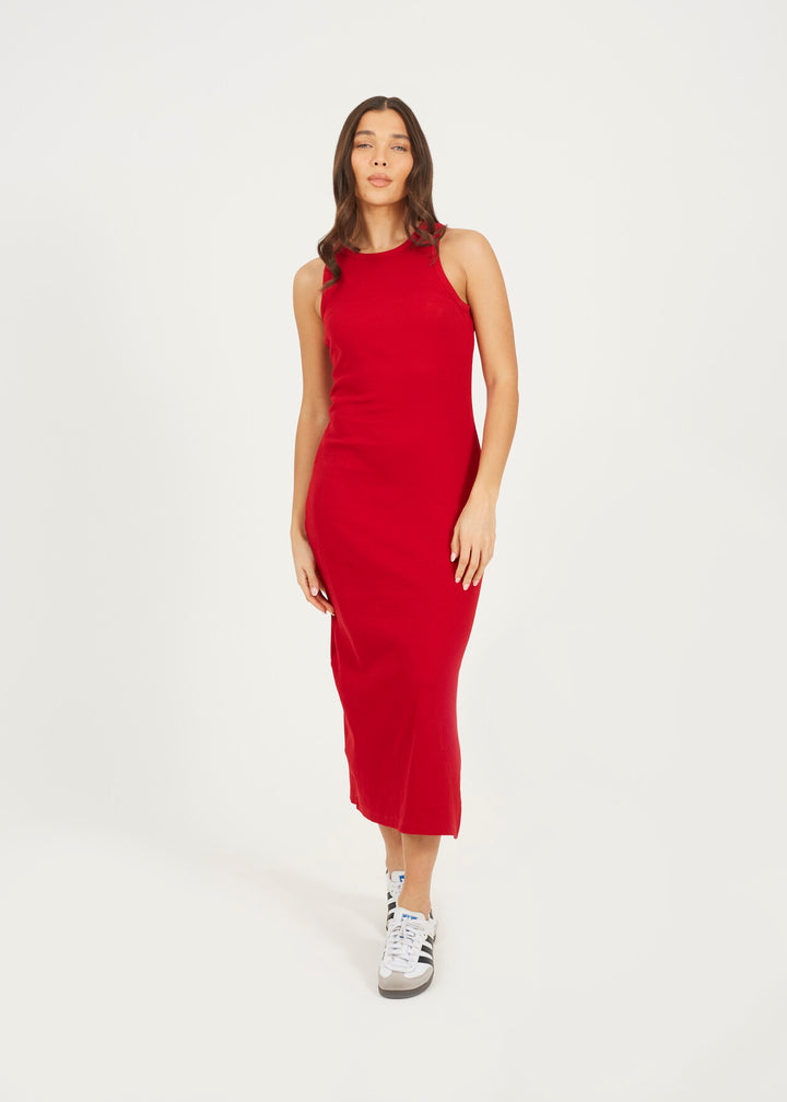 CREW NECK MIDI BODYCON DRESS WITH SLIT DETAIL, RED
