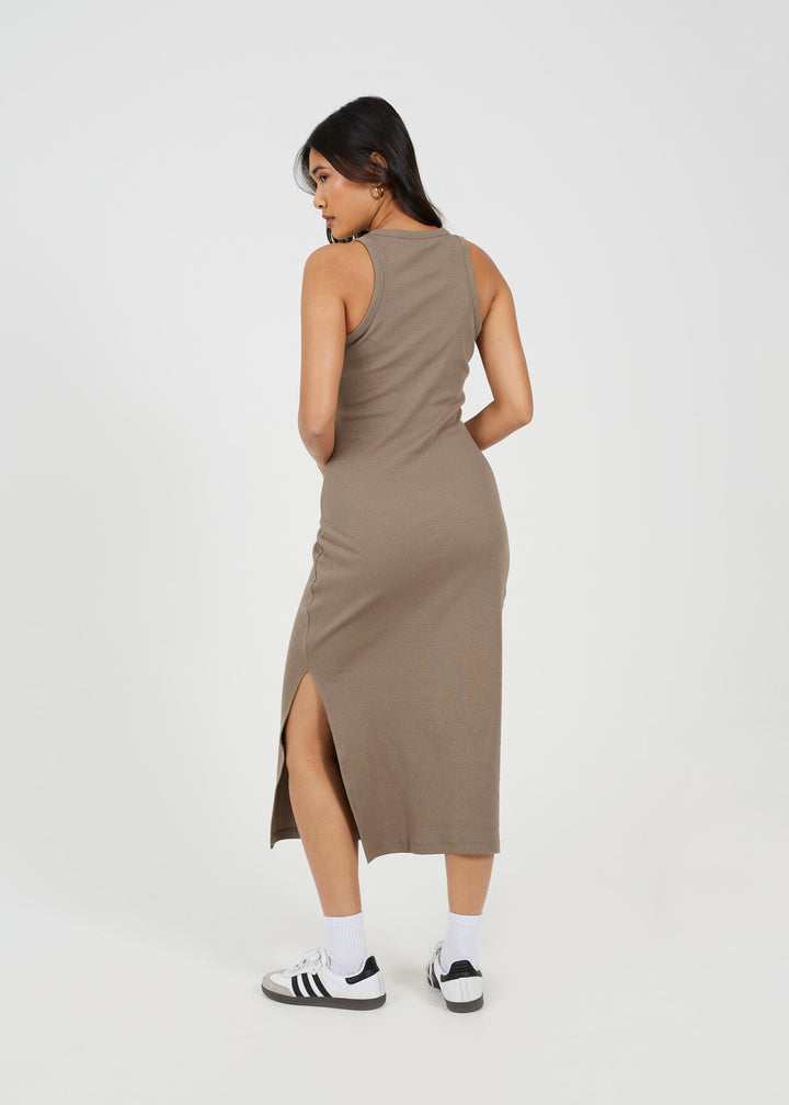 CREW NECK  MIDI BODYCON DRESS WITH SLIT DETAIL, ROCK