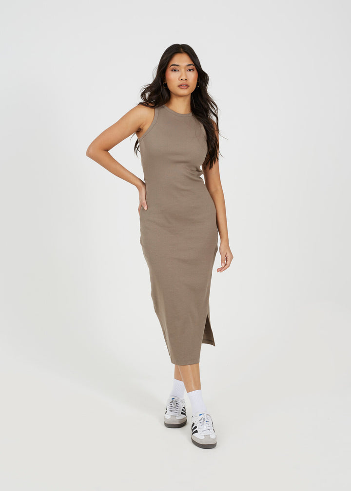 CREW NECK  MIDI BODYCON DRESS WITH SLIT DETAIL, ROCK