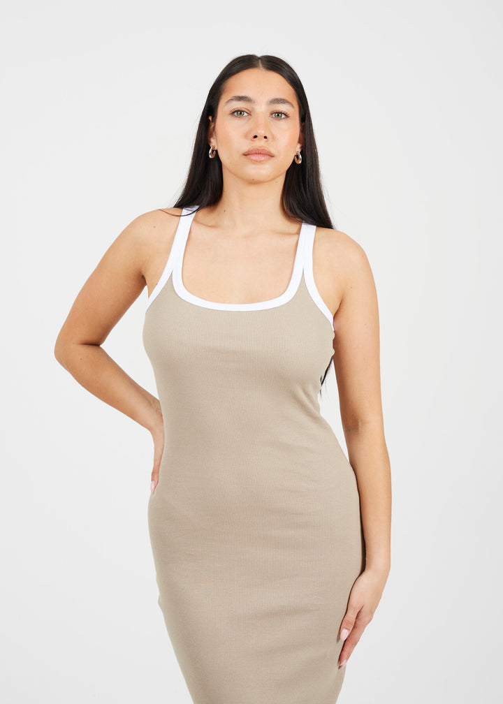 SCOOP NECK CONTRAST MAXI BODYCON DRESS, BEIGE