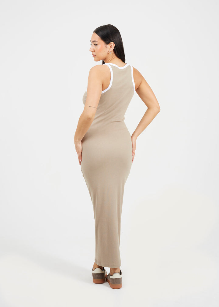 SCOOP NECK CONTRAST MAXI BODYCON DRESS, BEIGE