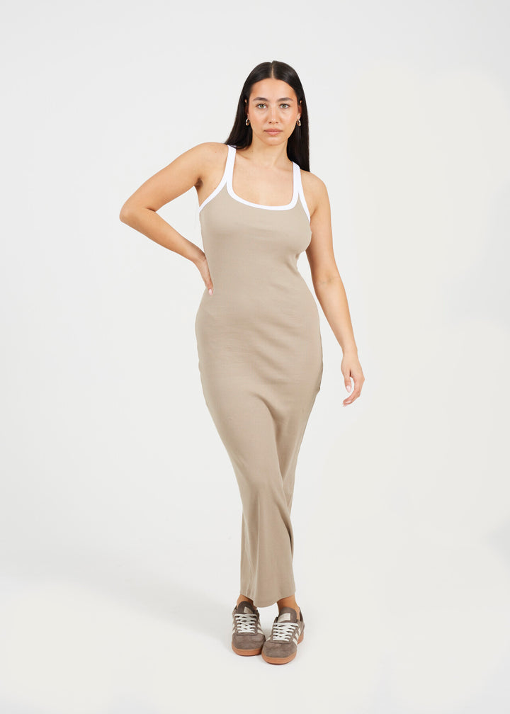 SCOOP NECK CONTRAST MAXI BODYCON DRESS, BEIGE