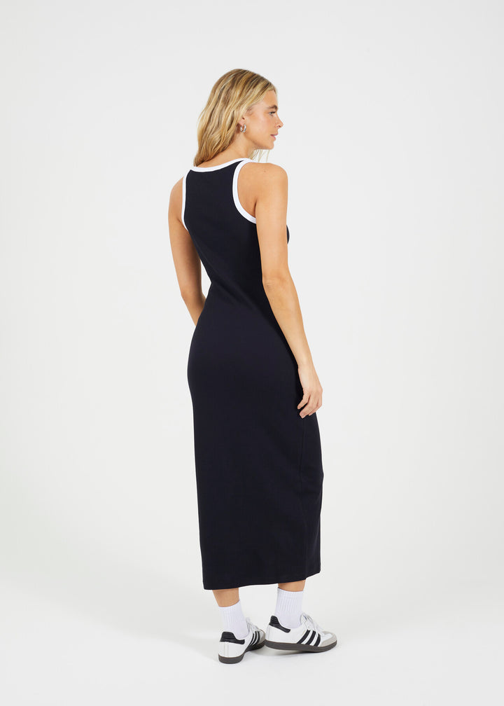 SCOOP NECK CONTRAST MAXI BODYCON DRESS, BLACK