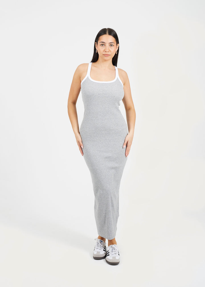 SCOOP NECK CONTRAST MAXI BODYCON DRESS, GREY MARL