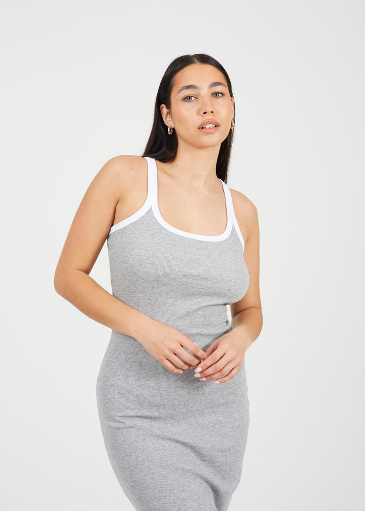 SCOOP NECK CONTRAST MAXI BODYCON DRESS, GREY MARL