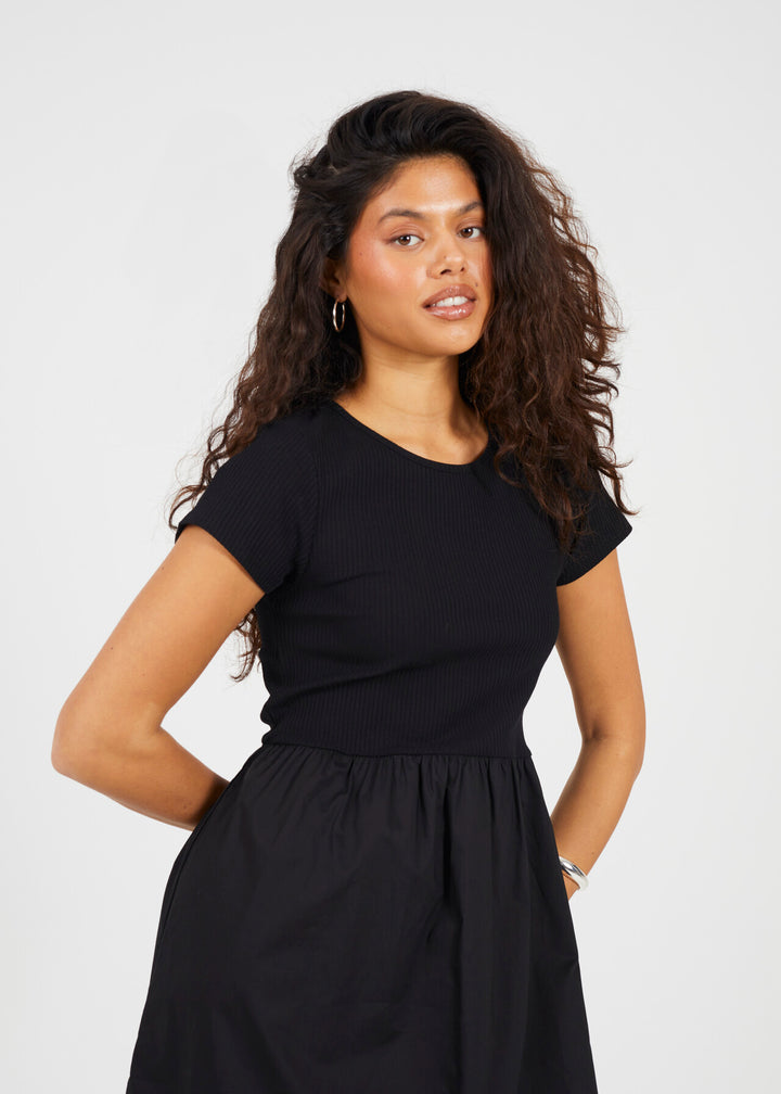 MIXED MATERIAL RIBBED AND POPLIN MIDI DRESS