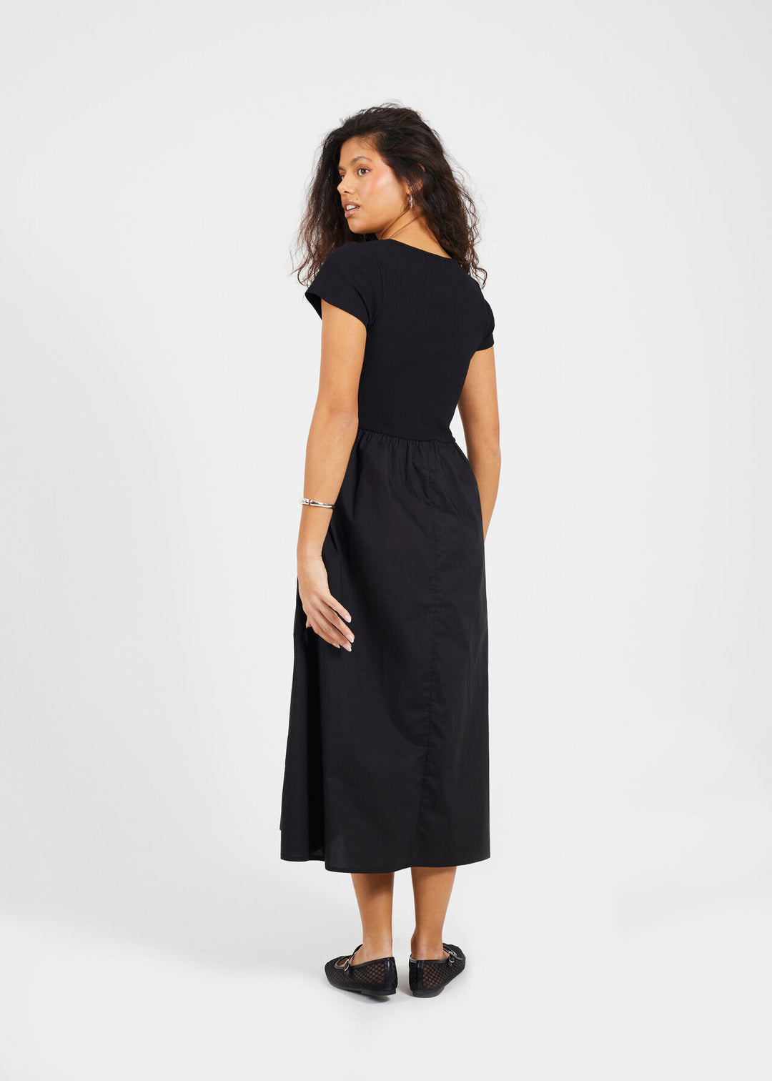 MIXED MATERIAL RIBBED AND POPLIN MIDI DRESS