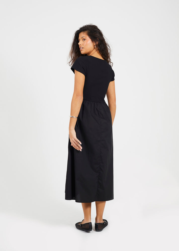 MIXED MATERIAL RIBBED AND POPLIN MIDI DRESS