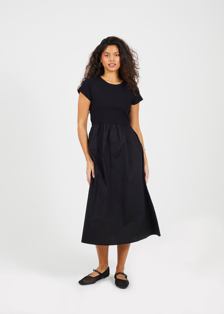 MIXED MATERIAL RIBBED AND POPLIN MIDI DRESS