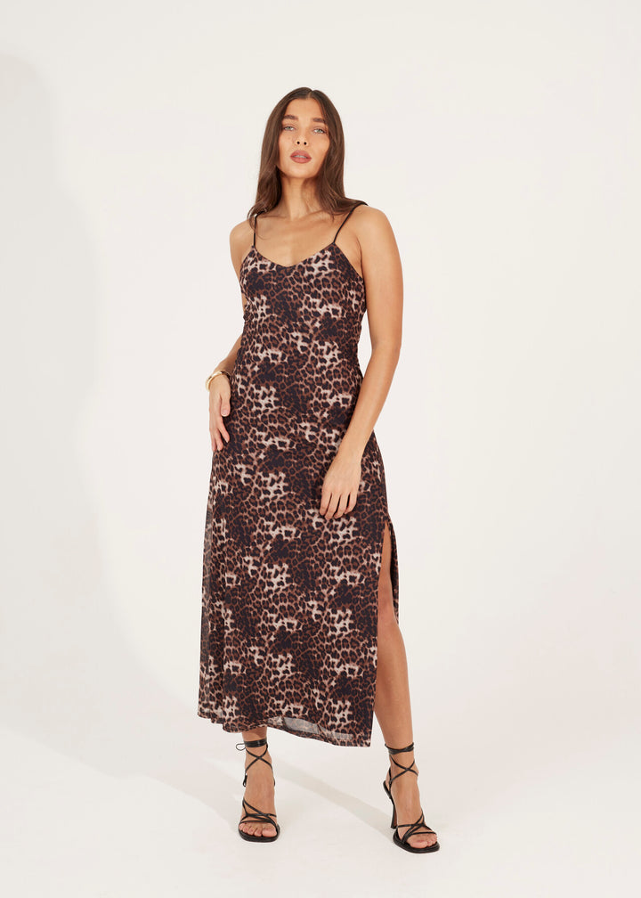 LEOPARD PRINT MAXI DRESS WITH SPAGETTI STRAPS AND SPLIT DETAIL