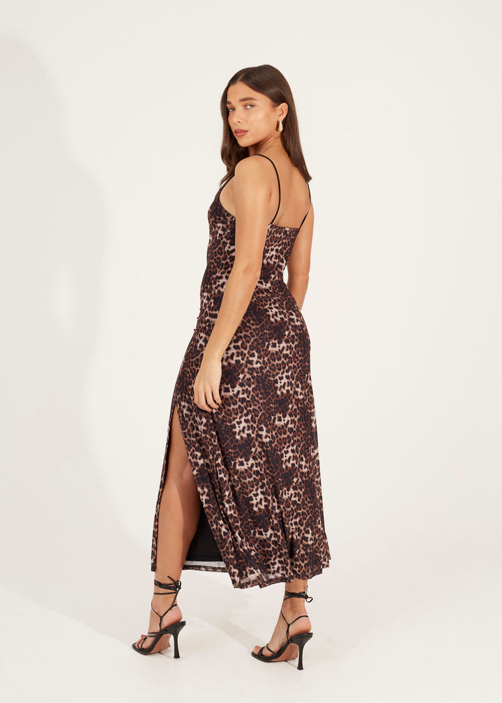 LEOPARD PRINT MAXI DRESS WITH SPAGETTI STRAPS AND SPLIT DETAIL