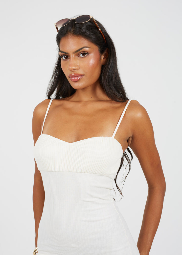 SOLID RIBBED STRAPPY PUFFED BUST MINI DRESS