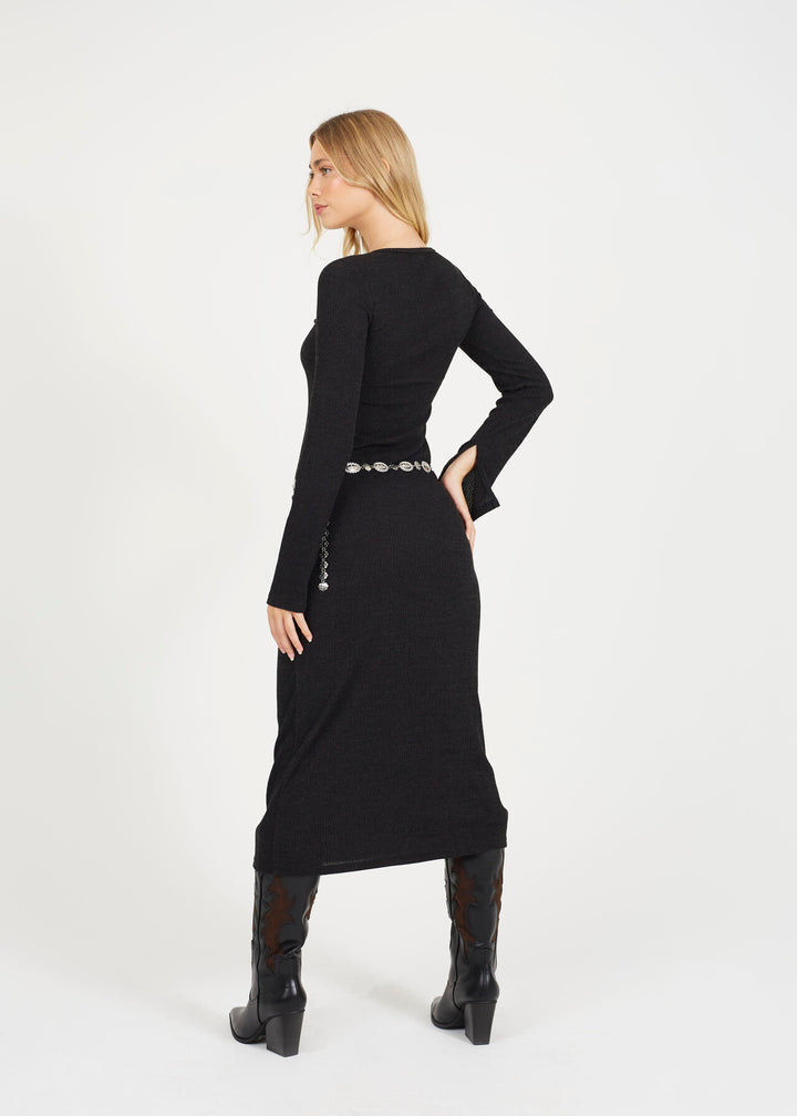 LONG SLEEVE CREW NECK MAXI DRESS WITH ALL OVER RIB, BLACK