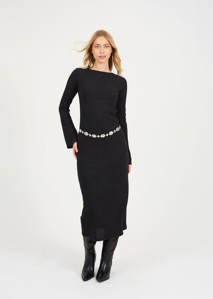 LONG SLEEVE CREW NECK MAXI DRESS WITH ALL OVER RIB, BLACK