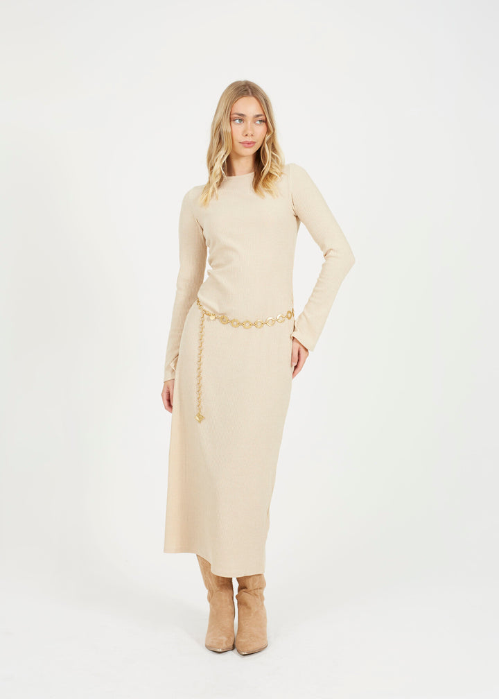 LONG SLEEVE CREW NECK MAXI DRESS WITH ALL OVER RIB, BLACK