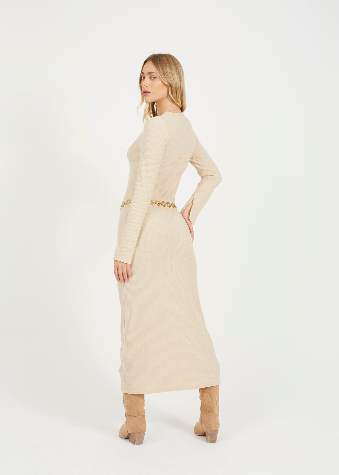 LONG SLEEVE CREW NECK MAXI DRESS WITH ALL OVER RIB, BLACK