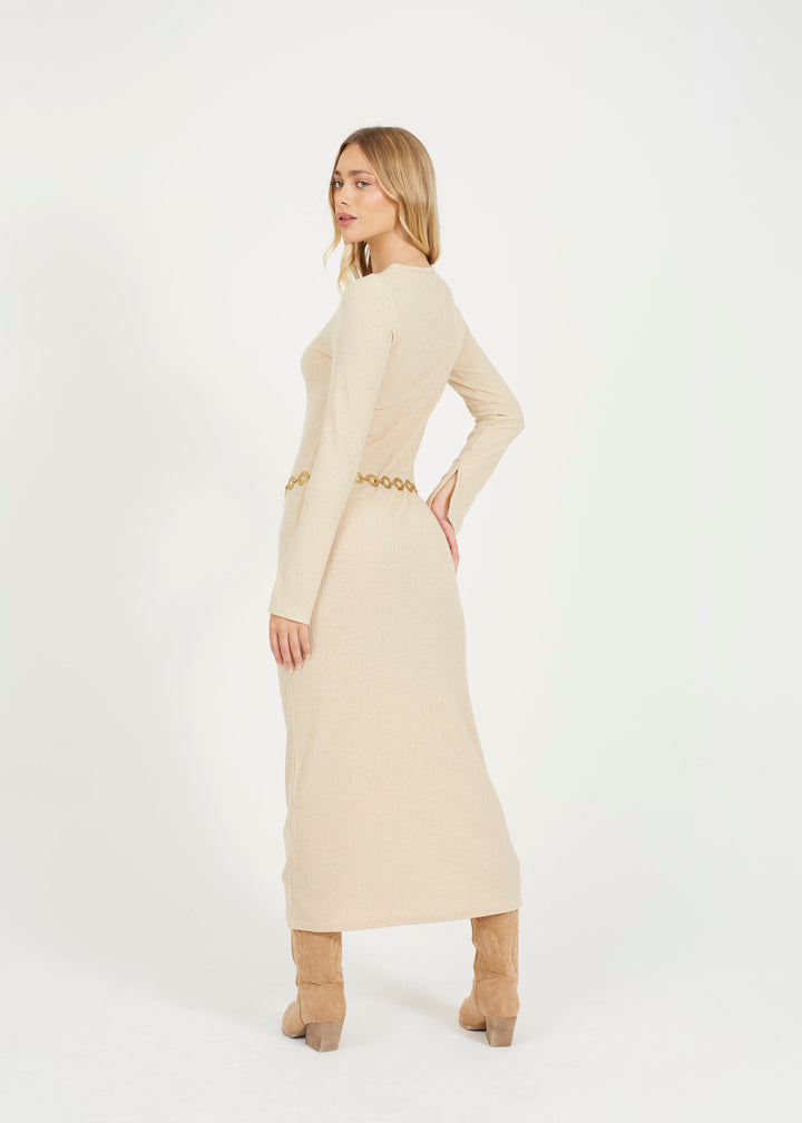 LONG SLEEVE CREW NECK MAXI DRESS WITH ALL OVER RIB, BLACK