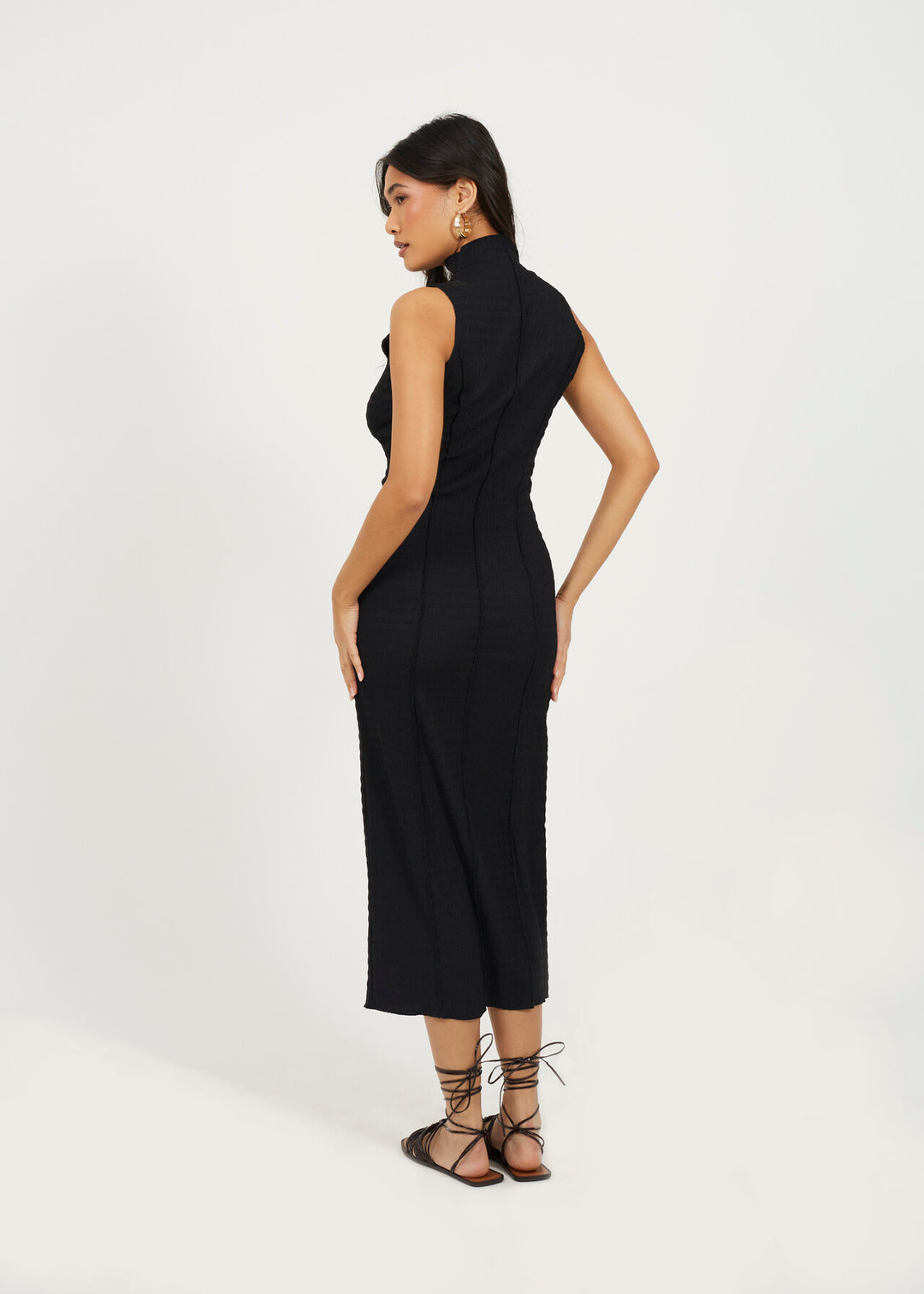 HIGH NECK TEXTURED JERSEY  SLEEVELESS MAXI DRESS, BLACK
