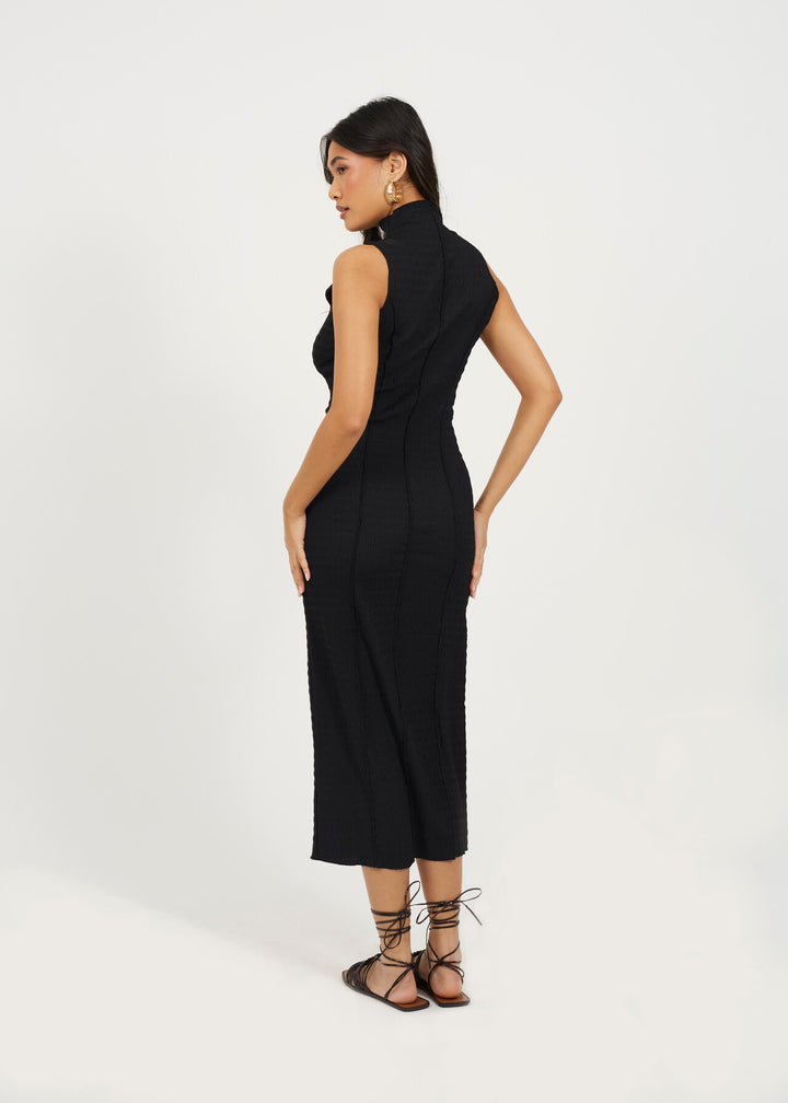HIGH NECK TEXTURED JERSEY  SLEEVELESS MAXI DRESS, BLACK