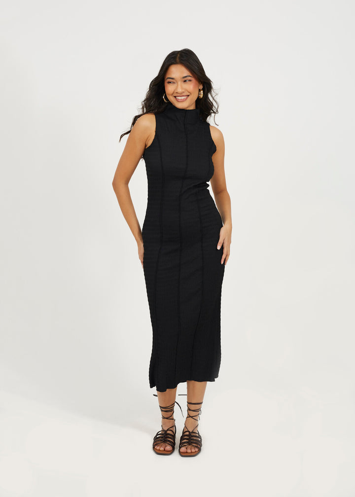 HIGH NECK TEXTURED JERSEY  SLEEVELESS MAXI DRESS, BLACK