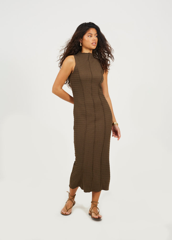 HIGH NECK TEXTURED JERSEY  SLEEVELESS MAXI DRESS, BROWN