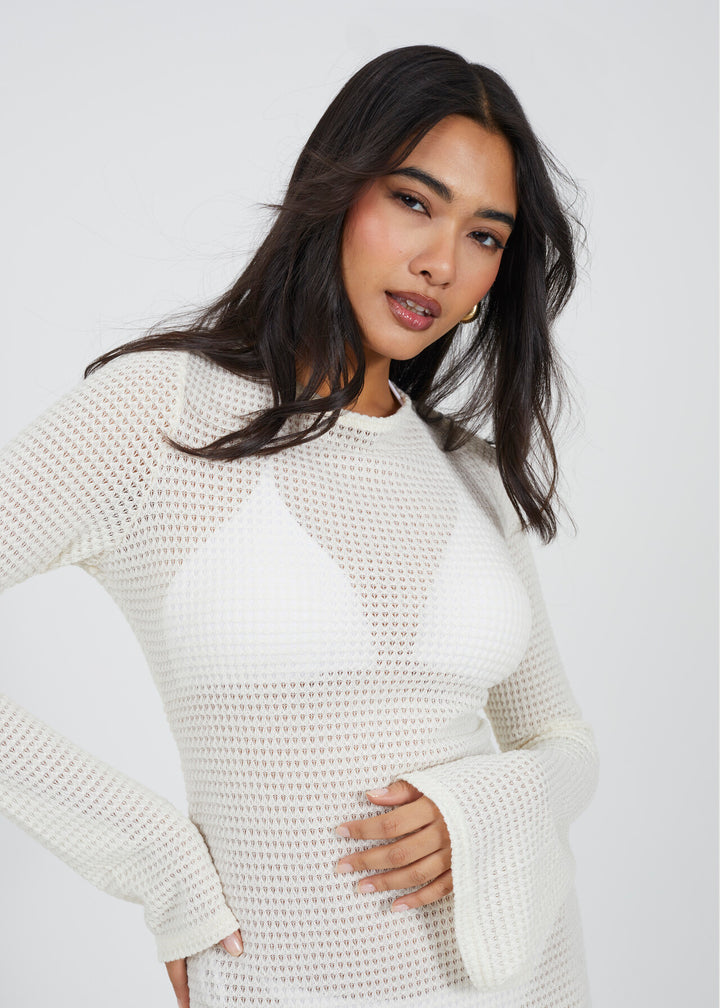 LONG SLEEVE CREW NECK SCOOP BACK TEXTURED JERSEY MAXI DRESS