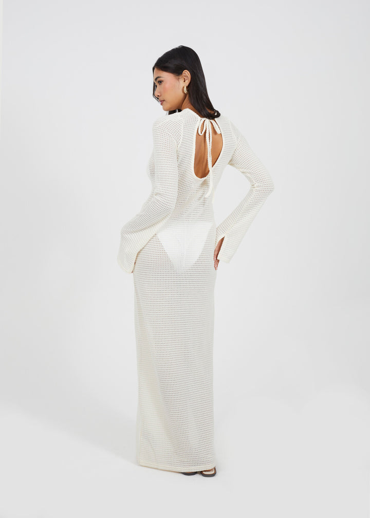 LONG SLEEVE CREW NECK SCOOP BACK TEXTURED JERSEY MAXI DRESS