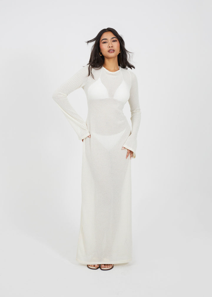 LONG SLEEVE CREW NECK SCOOP BACK TEXTURED JERSEY MAXI DRESS