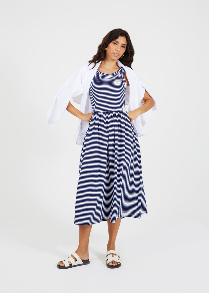 HORIZONTAL STRIPED MIDI STYLE SMOCK DRESS
