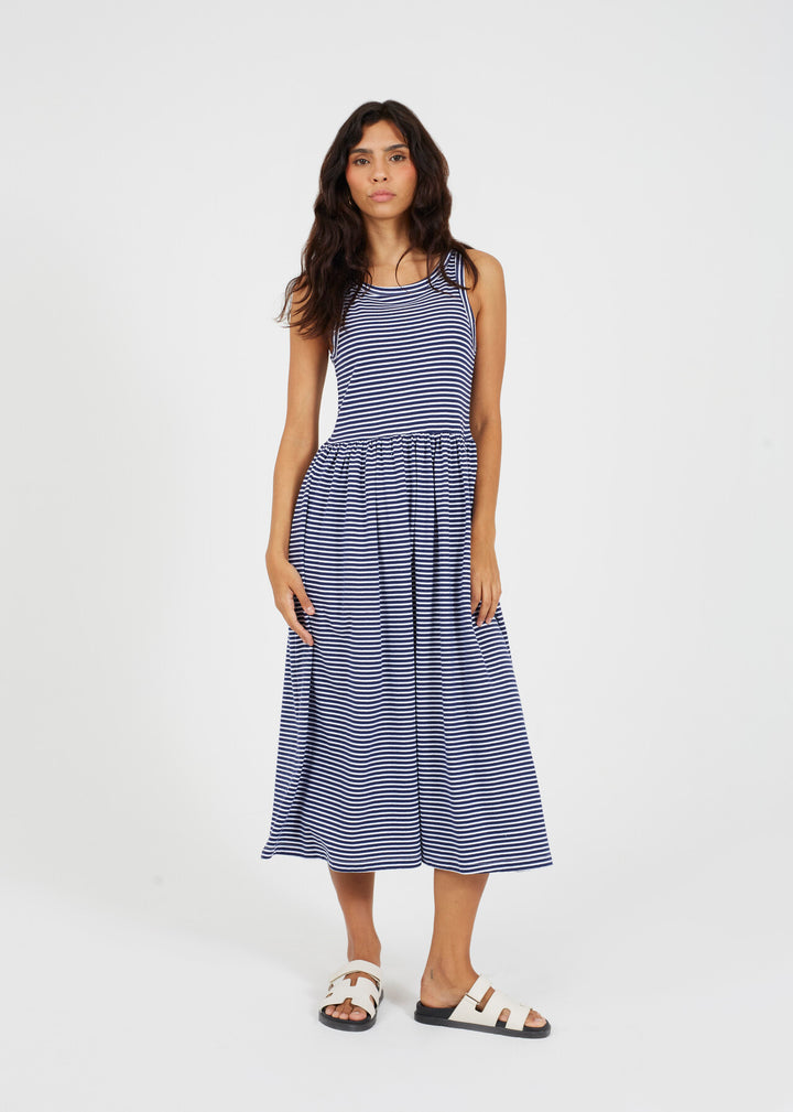 HORIZONTAL STRIPED MIDI STYLE SMOCK DRESS