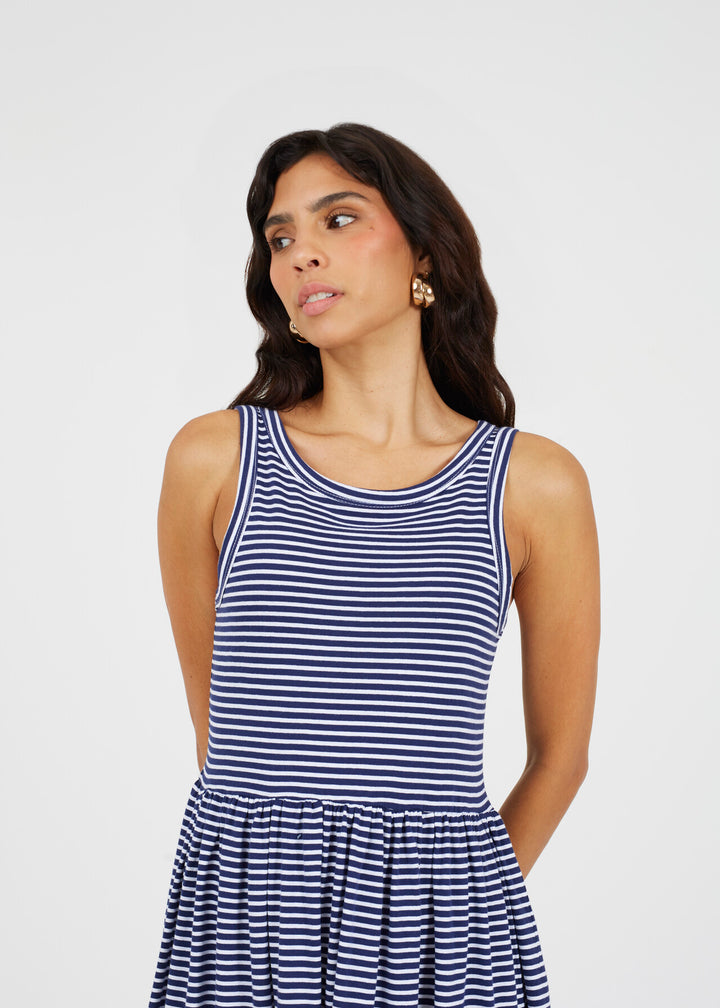 HORIZONTAL STRIPED MIDI STYLE SMOCK DRESS