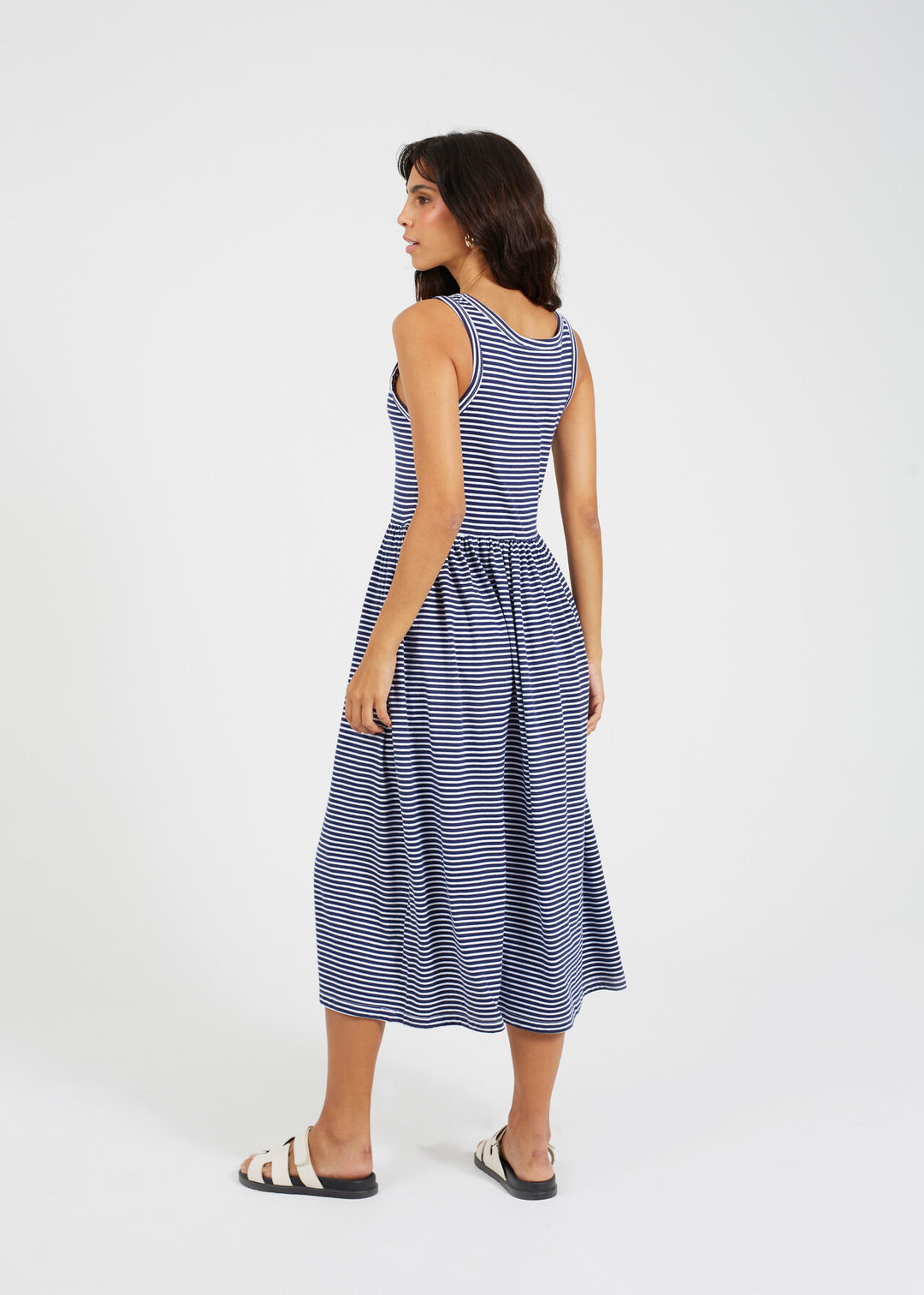 HORIZONTAL STRIPED MIDI STYLE SMOCK DRESS