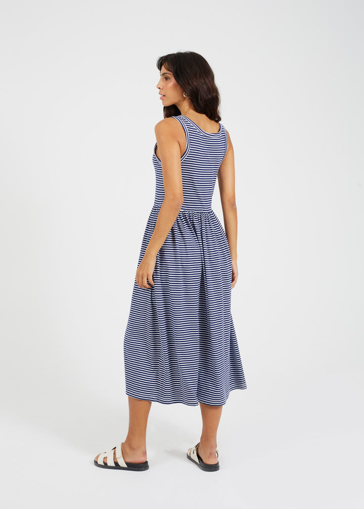 HORIZONTAL STRIPED MIDI STYLE SMOCK DRESS