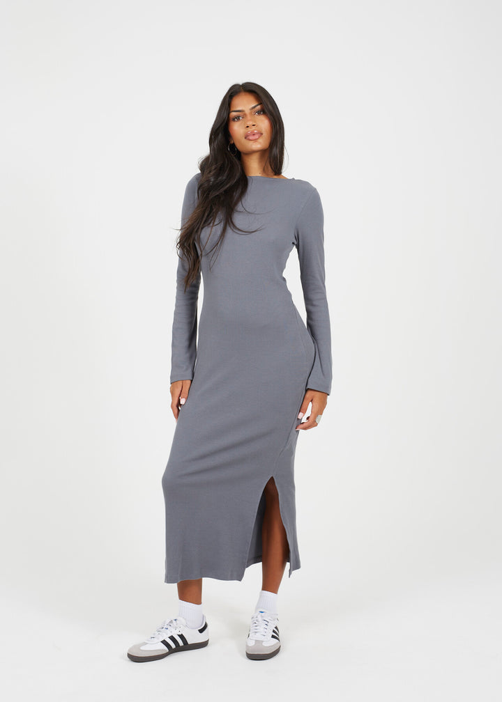 LONG SLEEVE RIBBED MAXI DRESS WITH SLIT DETAIL