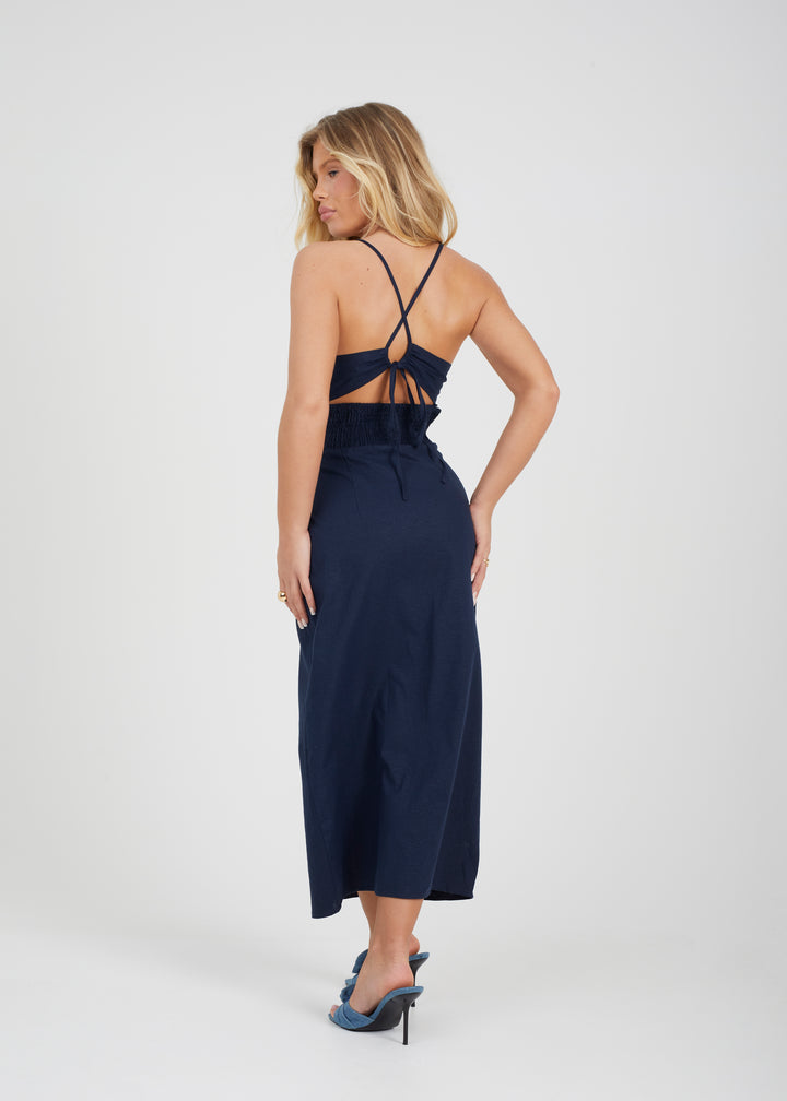 LINEN MIX MAXI DRESS WITH SWEETHEART NECKLINE & BUTTON DETAIL