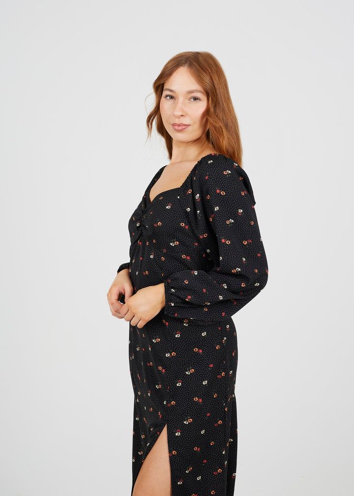 LONG SLEEVE GATHERED BUST FLORAL MIDI DRESS